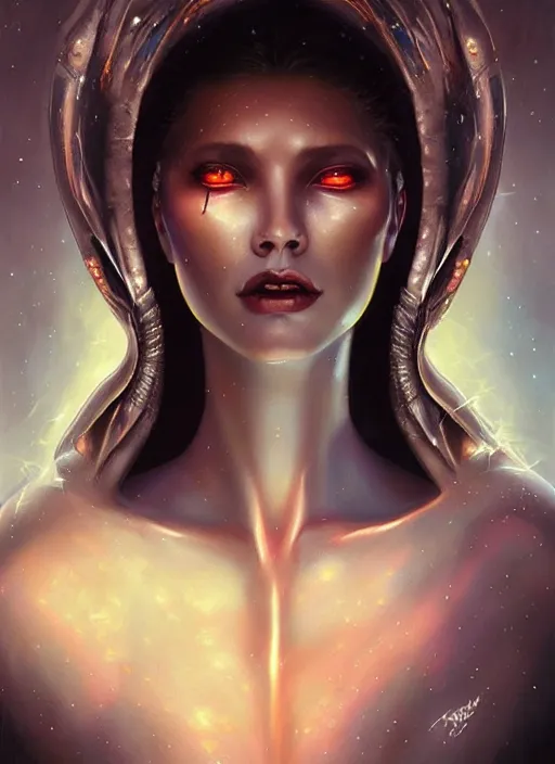 Prompt: a beautiful alien woman with sapphire skin, painted by artgerm and tom bagshaw, fantasy art, dramatic lighting, highly detailed oil painting