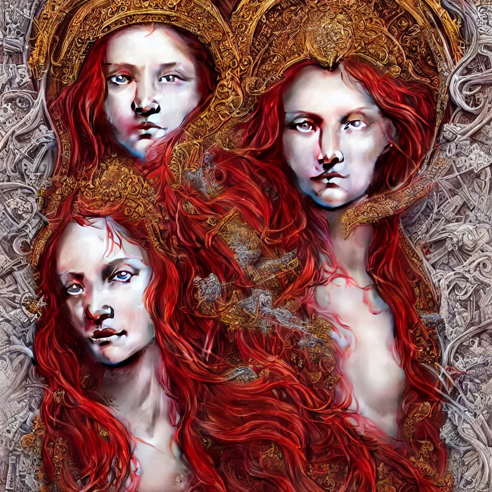 Prompt: hyperrealistic mixed media painting of a beautiful female priestess, stunning 3d render inspired art by P. Craig Russell and Barry Windsor-Smith + perfect facial symmetry + dim volumetric lighting, vibrant red hair, ornate flowing white robes, dizzy, full body, 8k octane beautifully detailed render, post-processing, extremely hyperdetailed, intricate, epic composition, grim yet sparkling atmosphere, cinematic lighting + masterpiece, trending on artstation, very very detailed