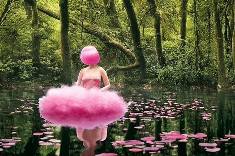 Image similar to 1 9 7 6 woman with huge pink candy floss hair floats in a pond, surrounded by a detailed forrest of lily leaves, deep focus, intricate, elegant, highly detailed, matte, sharp focus, photography of gregory crewdson