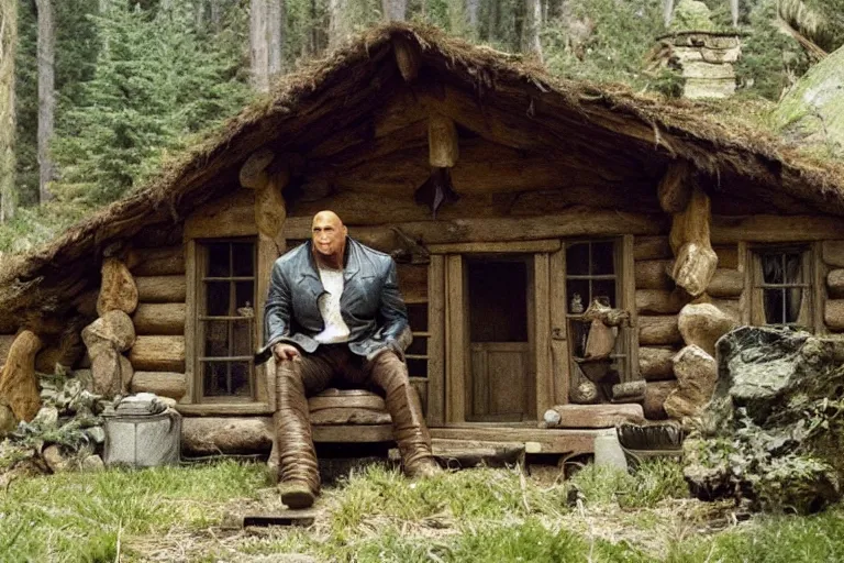 Prompt: film still of Dwayne Johnson as Hagrid in his cabin in Harry Potter movie 2001, 4k