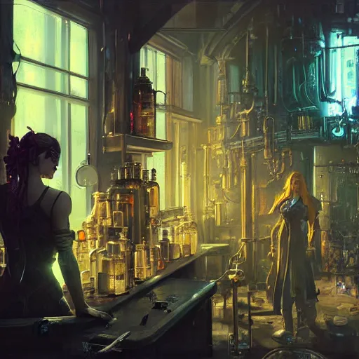 Prompt: cyberpunk alchemy laboratory full of potions, ciri from the witcher it's in the lab. by jeremy mann and alphonse mucha, photo realistic, dynamic lighting, artstation, poster, volumetric lighting, highly detailed faces, 4 k, award winning
