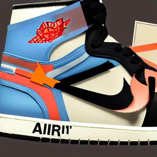 Image similar to retro futuristic Nike Air Jordan 1 x Off-white sneakers by syd mead, matte painting, geometric shapes