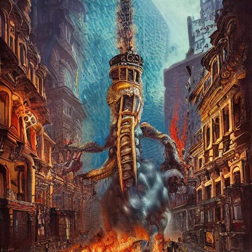 Prompt: giant quadruped creature walking through the center of a city with tall building on fire, extreme detail, abstract realism, highly ornate intricate details, 1 9 2 0's colored pencil, 4 k, cinematic lighting,