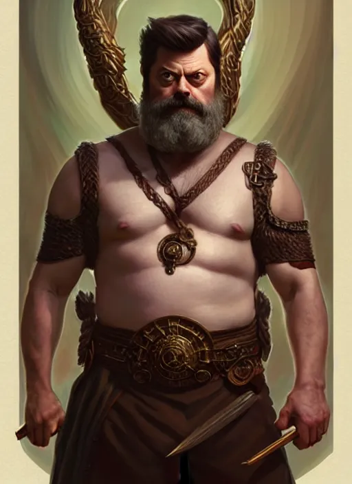 Image similar to portrait of nick offerman as odin, d & d, muscular, fantasy, intricate, elegant, highly detailed, digital painting, artstation, concept art, smooth, sharp focus, illustration, art by artgerm and greg rutkowski and alphonse mucha