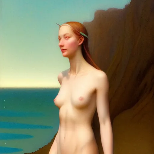 Image similar to a ultradetailed beautiful painting of a young german australian woman at a beach by hsiao ron cheng, ngai victo, nivanh chanthara jean delville wlop and dougherty patrick, trending onv artstation, light sparkles, major arcana sky, sharp focus, soft light