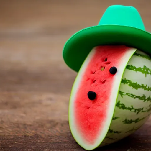 Image similar to watermelon in a shape of a cat, wearing a cowboy hat