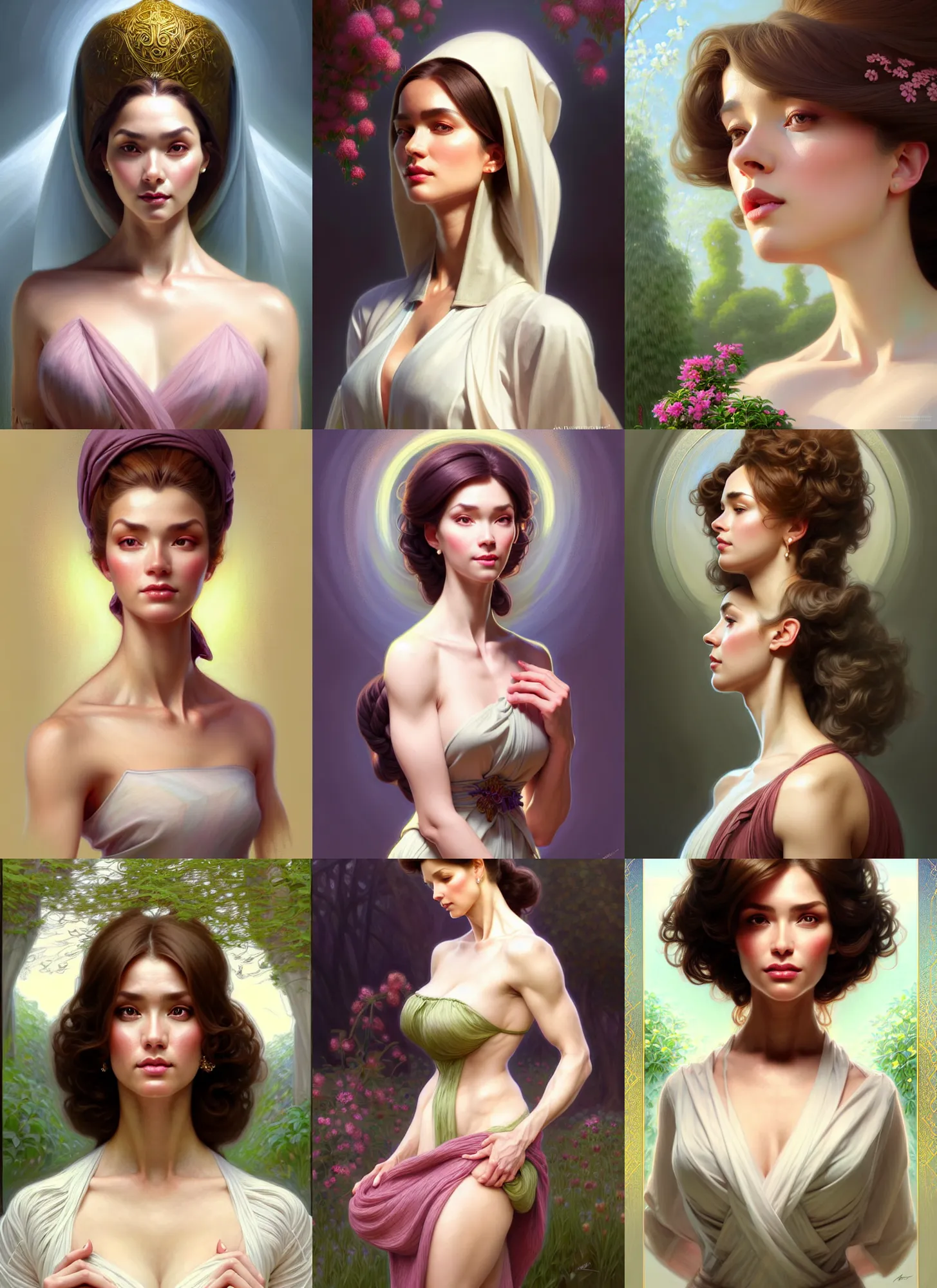 Prompt: character concept portrait of me as modest wife blessed by god to grow ever - more intelligent beautiful voluminous muscular tall healthy and alive. modestly clothed, in garden, intricate, elegant, highly detailed, digital painting, artstation, concept art, symmetry, smooth, sharp focus, illustration, art by artgerm and rutkowski and mucha