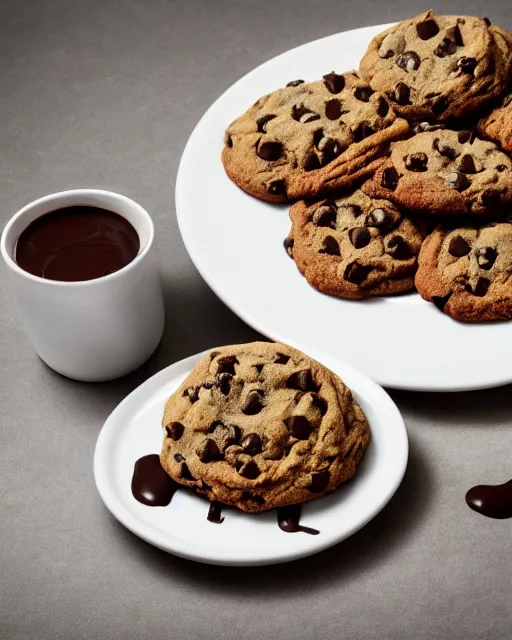 Prompt: plate full of several freshly baked chocolate chip cookies, delicious, glistening, chocolate sauce, highly detailed, award winning photography octane render