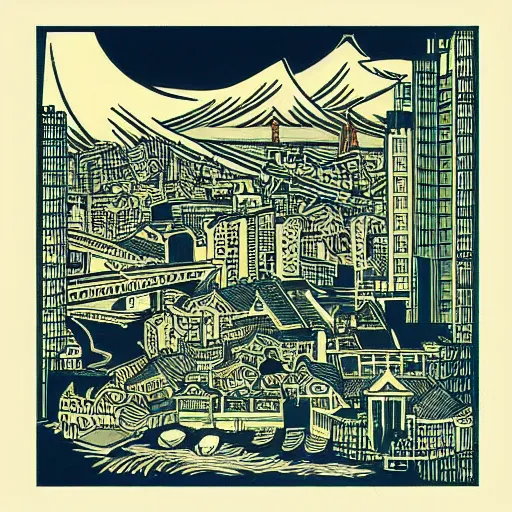 Image similar to “City of london in the style of a woodblock print by the Japanese ukiyo-e artist Hokusa, by James Jean”