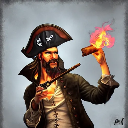 Image similar to pirate lighting his cigar with black dragon instead of lighter, digital art, trending on artstation