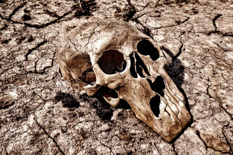 Image similar to Dry river bed with a rusty broken bridge, macro photo of an animal skull bleached by the sun, post apocalyptic, dystopian