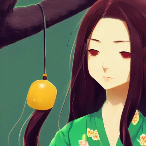 Image similar to a beautiful woman with long dark brown hair and green eyes wearing a kimono while eating dango, japanese street landscape, 4k, anime key visual, lois van baarle, ilya kuvshinov, rossdraws, artstation