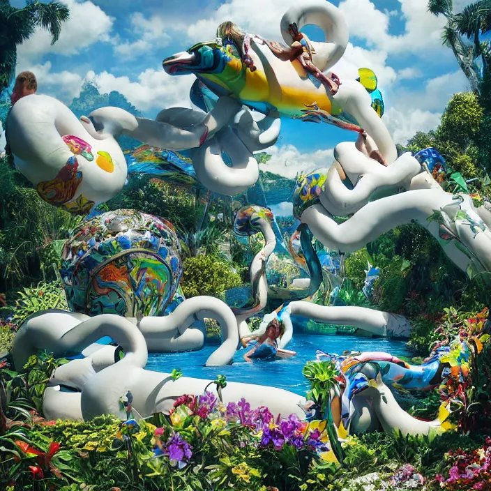 Prompt: minimal modernist jeff koons bauhaus style neverending story inflatable pool floats, ultra realistic, concept art, intricate details, serious, highly detailed, photorealistic, octane render, 8 k, unreal engine, art by todd mcfarlane and artgerm and greg rutkowski and alphonse mucha