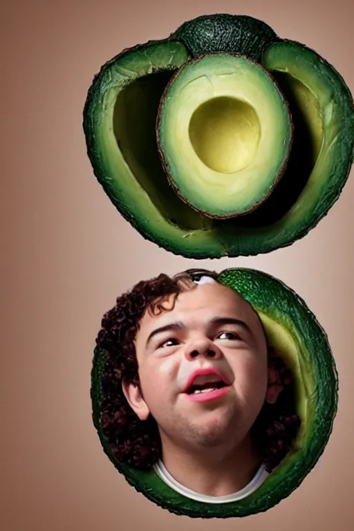 Image similar to 📷 gaten matarazzo face on avocado 🥑, made of food, head portrait, dynamic lighting, 4 k