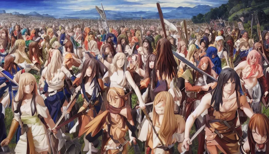 Image similar to jesus christ our lord leading an army of anime girls into battle, photorealistic, anime, mini skirt, long hair, renaissance painting, hyper real, detailed, closeup shot, ultra detailed