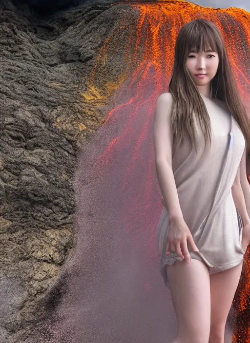 Image similar to Sony Alpha 1 Mirrorless Camera,, 8K, soft light, volumetric lighting, highly detailed, Kasumi Arimura style 3/4 ,portrait photo Kasumi Arimura teen princess, the face emerges from Kīlauea, thermal lava flowing down gold travertine terraces, inspired by Ophelia paint , a beautiful luxurious royal suit, intricate hair with highly detailed realistic beautiful flowers , Realistic, Refined, Highly Detailed, ethereal lighting colors scheme, outdoor fine art photography, Hyper realistic, photo realistic