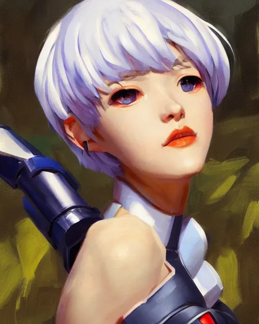 Image similar to greg manchess portrait painting of rei ayanami as an overwatch character, medium shot, asymmetrical, profile picture, organic painting, sunny day, matte painting, bold shapes, hard edges, street art, trending on artstation, by huang guangjian and gil elvgren and sachin teng