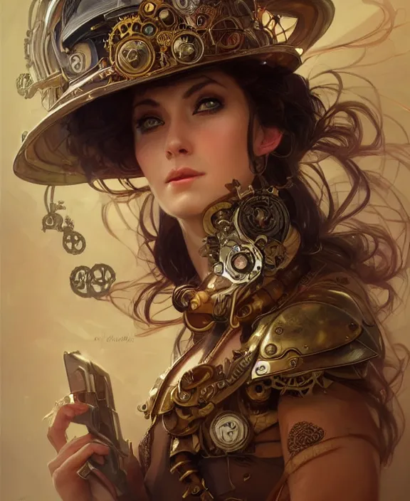 Image similar to portrait of a steampunk beautiful goddess, wearing helmet, half body, d & d, fantasy, intricate, elegant, highly detailed, digital painting, artstation, concept art, art by artgerm and greg rutkowski and alphonse mucha