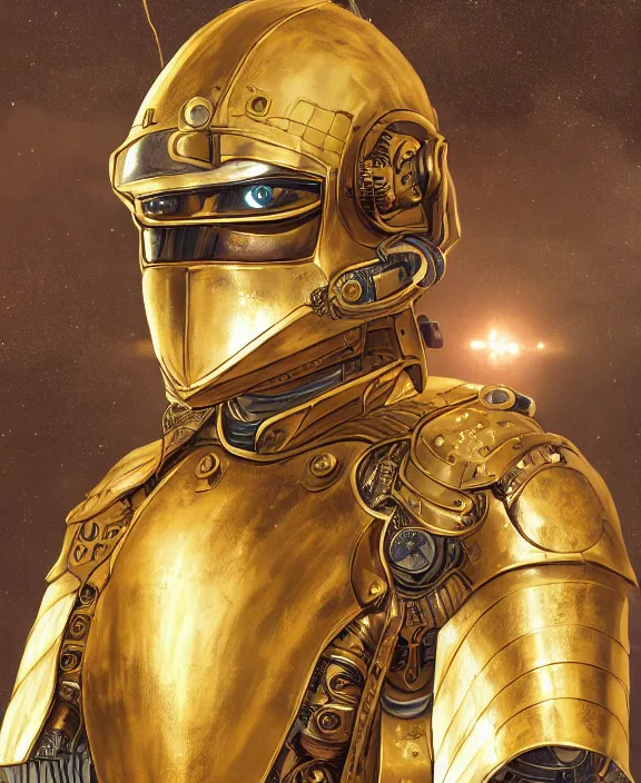 Prompt: a portrait of an armoured warrior with golden steampunk armour and a futuristic helmet with a cybernetic holographic visor by Moebius, 4k resolution, photorealistic