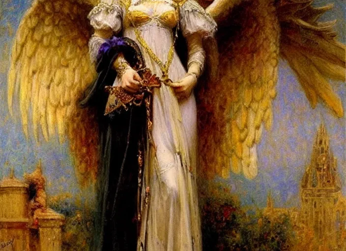 Prompt: horizontal prtrait of an angel knight gothic girl, baroque dress. by gaston bussiere