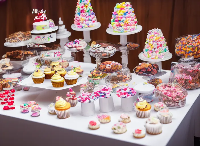 Image similar to a table with a white map full of sweets and cupcakes. highly detailed 8 k. intricate. nikon d 8 5 0 3 0 0 mm. award winning photography.