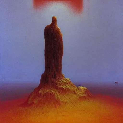 Image similar to A giant standing over the earth | Masterpiece Art by beksinski | Matte painting | Oil on canvas | Digital art | Fantastic and Ominous lighting with red and yellow gradient | Immensity | Romantic art