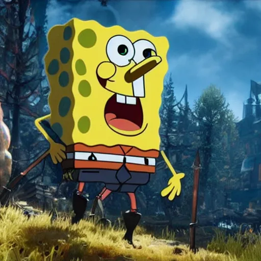 Image similar to Spongebob in The Witcher 3, gameplay, 8k, HD