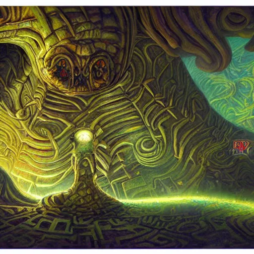 Image similar to a hyper realistic painting of an alien labyrinth, by ralph horsley, highly detailed, vivid color,