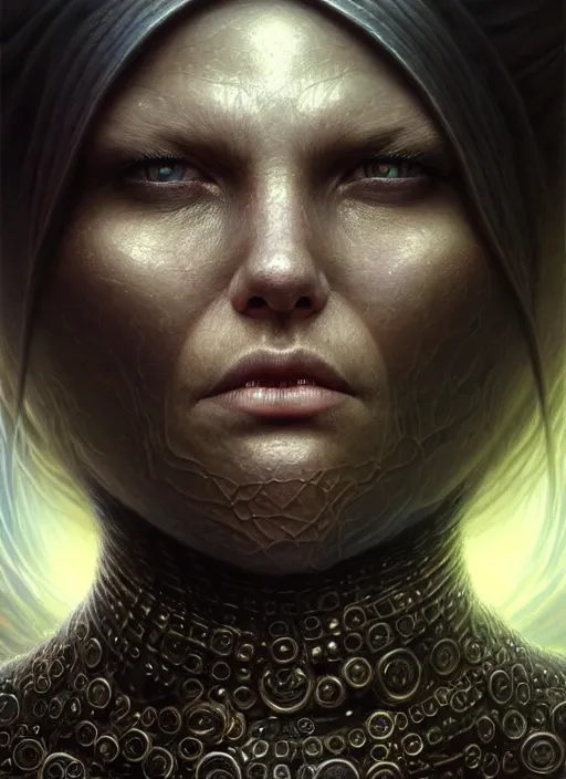 Image similar to closeup portrait shot of a dystopian person in a scenic dystopian environment, intricate, elegant, highly detailed, centered, digital painting, artstation, concept art, smooth, sharp focus, illustration, artgerm, tomasz alen kopera, peter mohrbacher, donato giancola, joseph christian leyendecker, wlop, boris vallejo