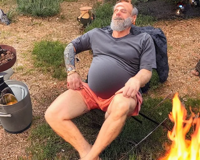 Image similar to mr robert smoke weed and meditate near the campfire in the garden, he has dark grey hairs, detailed glad face, muscular chest, pregnant belly, golden hour closeup photo, red elegant shirt, eyes wide open, ymmm and that smell