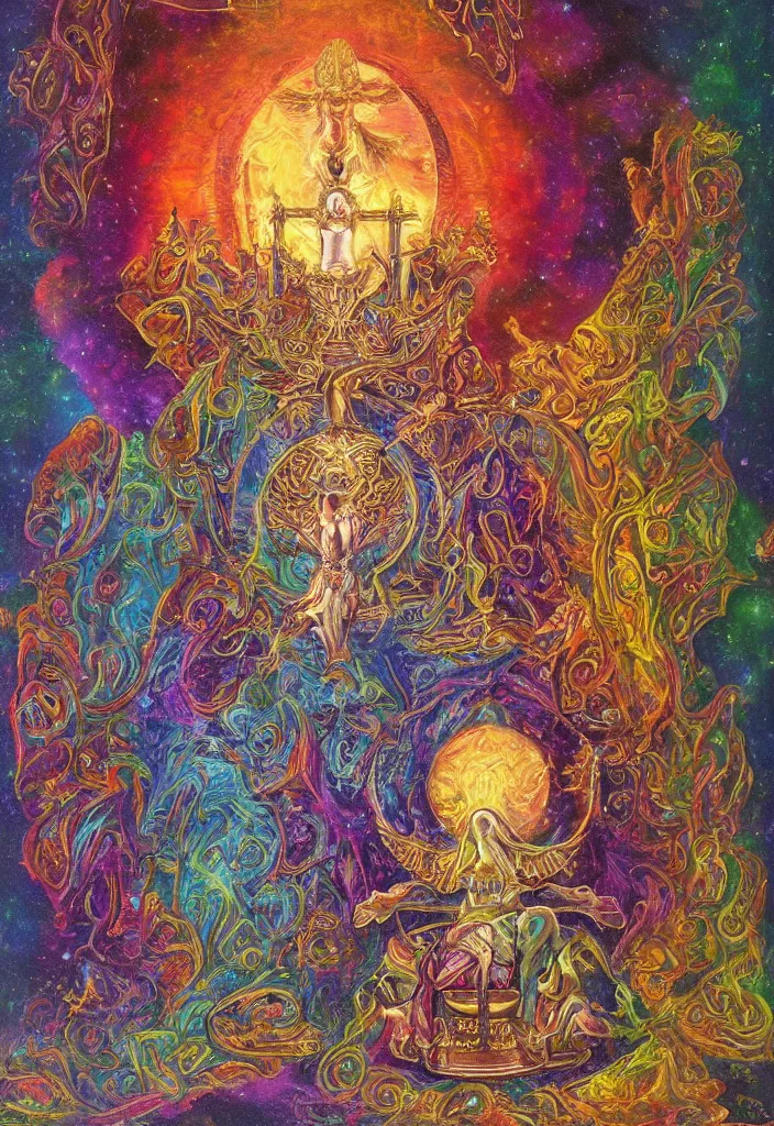 Image similar to holy throne of the gnostic lunar god, award winning oil painting, iridescent color palette