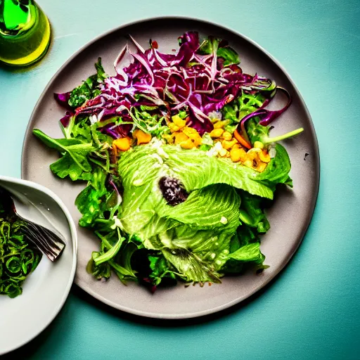 Prompt: a plate of food made of salad and alien, award winning photographer, food photography