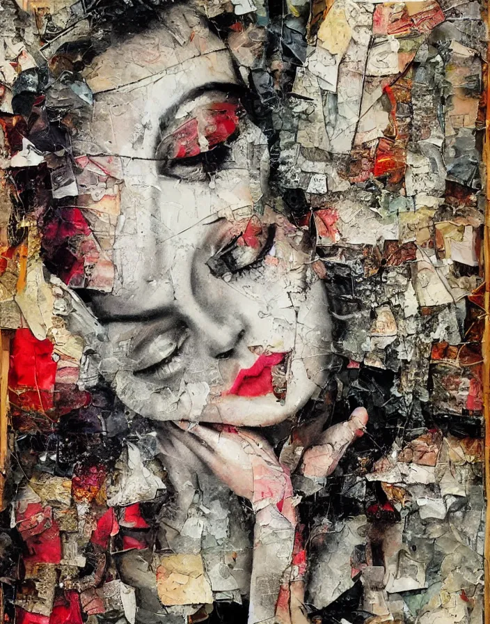 Prompt: romantic liquid synthesis harmony detailed analogue mixed media collage with canvas texture in style of contemporary art, punk art, hyperrealistic beautiful face, photorealistic, expressionism, masterpiece, perfect composition, spectacular quality torn paper, intricate oil details, broken glass
