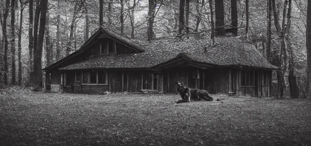 Prompt: detailed house in the wood, black wolf guarding, analogue photo quality, monochrome, blur, unfocus, film grain, blue color bleed