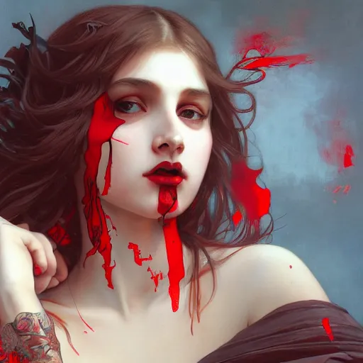 Image similar to goth girl covered in red paint, intricate, art by artgerm and greg rutkowski and alphonse mucha and william - adolphe bouguereau, high detailed, 4 k,