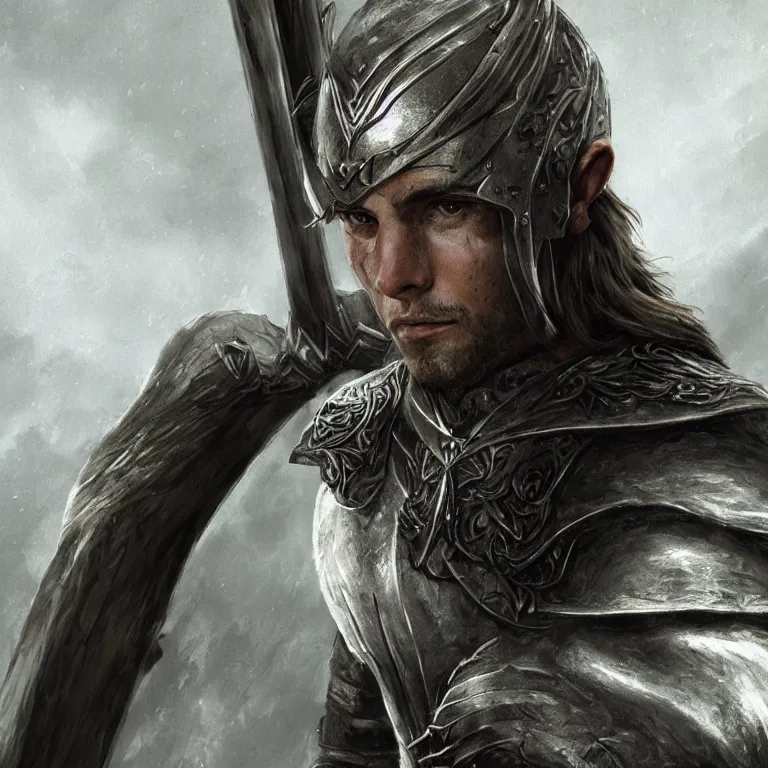 Prompt: fantasy art of a male human warrior, lord of the rings, poster, full body, realistic, sharp focus, 8 k high definition, insanely detailed, intricate, elegant, character portrait, portrait, close up, concept art