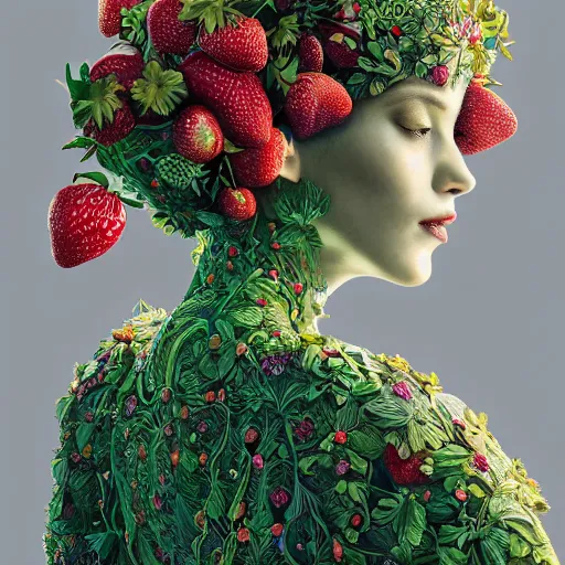 Image similar to the portrait of an absurdly beautiful, graceful, elegant, sophisticated perky woman made of strawberries and green petals, an ultrafine hyperdetailed illustration by kim jung gi, irakli nadar, intricate linework, bright colors, octopath traveler, final fantasy, unreal engine 5 highly rendered, global illumination, radiant light, detailed and intricate environment