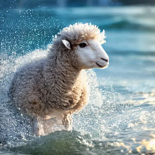 Prompt: a closeup photorealistic photograph of a cute baby sheep splashing in the surf during sunset. professional capture, well lit shot. this 4 k hd image is trending on artstation, featured on behance, well - rendered, extra crisp, features intricate detail, epic composition and the style of unreal engine.