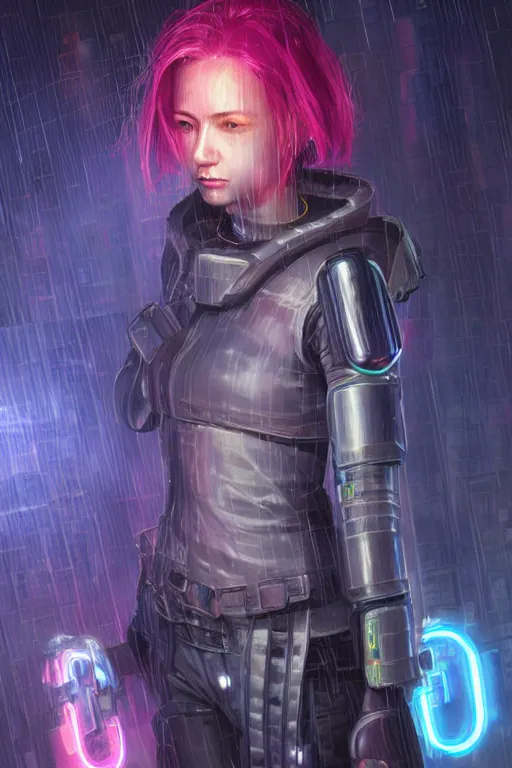 Image similar to portrait futuristic tawny cyberpunk young female Paladin, in futuristic heavily raindrop tokyo rooftop cyberpunk night, ssci-fi, fantasy, intricate, very very beautiful, elegant, neon light, highly detailed, digital painting, concept art, human anatomy, soft light, hdri, smooth, sharp focus, illustration, art by tian zi and craig mullins and WLOP and alphonse mucha