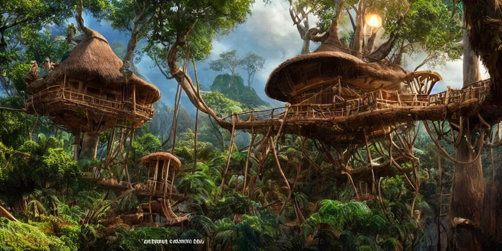 Prompt: live action cinematic version of swiss family robinson, robinson family treehouse, dynamic lighting, storm, cinematic