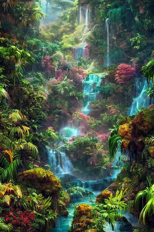 Image similar to aerial view of a colorful jungle with rivers and waterfalls, by artgerm, tom bagshaw, gerald brom, vaporwave colors, lo - fi colors, vaporwave, lo - fi, moody vibe, goth vibe, full body, rendered by substance designer,