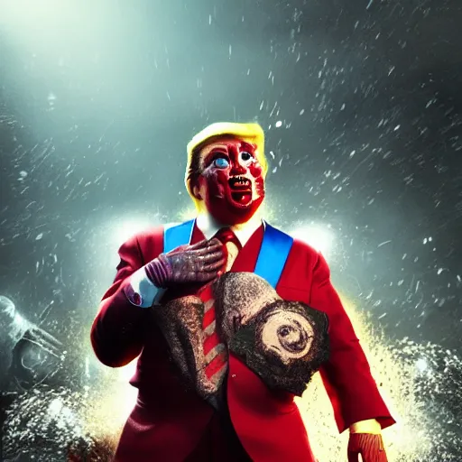 Prompt: donald trump as a clown! in gears of war, splash art, movie still, cinematic lighting, ray tracing, detailed clown face!, octane render, long lens, shallow depth of field, bokeh, anamorphic lens flare, 8 k, hyper detailed, 3 5 mm film grain