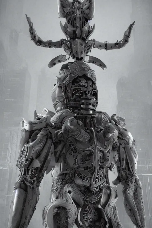 Image similar to Techno-God is an ancient mechanical gray giant horned humanoid, digital art, 8k, hyperrealism, high detail, ray tracing, concept art, octane render