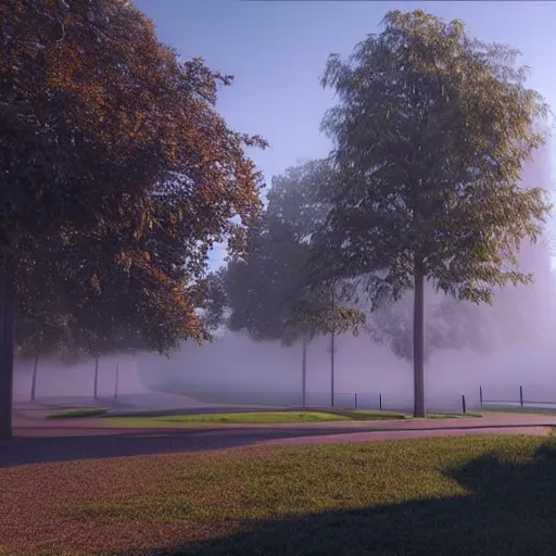 Image similar to still shot of a park covered in morning fog, highly detailed, photorealistic portrait, bright studio setting, studio lighting, crisp quality and light reflections, unreal engine 5 quality render