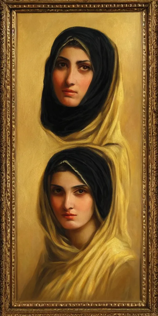 Image similar to romantic period style atmospheric oil painting of a middle eastern woman with intense eyes, wearing a golden veil