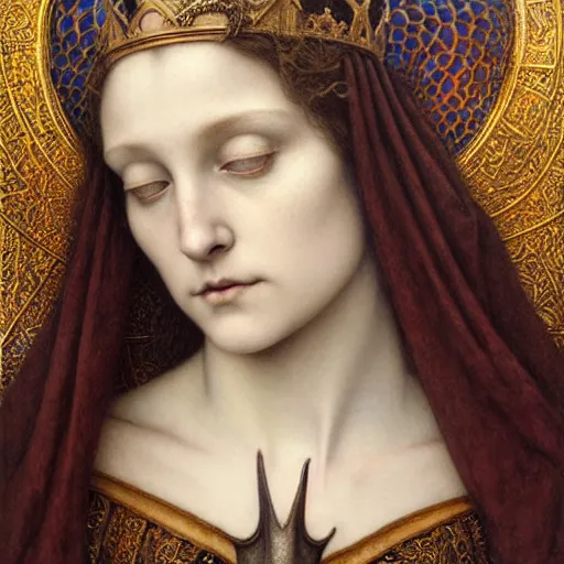 Image similar to detailed realistic beautiful young medieval queen face portrait by jean delville, tom bagshaw, brooke shaden, gustave dore and marco mazzoni, art nouveau, symbolist, visionary, gothic, pre - raphaelite, ornate gilded medieval icon, surreality, ethereal, unearthly, haunting, celestial, neo - gothic, ghostly, memento mori, enigmatic, spectral