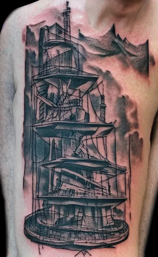 Prompt: a tattoo of an old man wearing a hat on top of a tower, ultra detailed, tattoo, 8 k