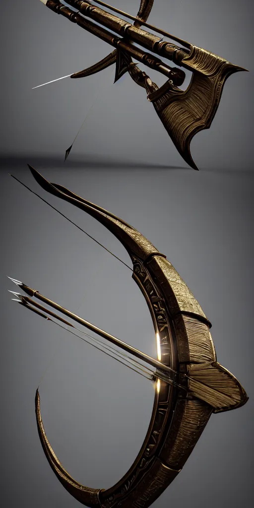 Prompt: a beautiful delicate huge mega bow and arrow weapon, solid background, electron flow, android, mechanical, metal, weapon design, fine texture structure, hyper detailed, perfect shadows, atmospheric lighting, 3 d render, in the style of pascal blanche and sparth juan zigor samaniego, paul pepera pablo roldan, displayed in the exhibition hall, 4 k hd