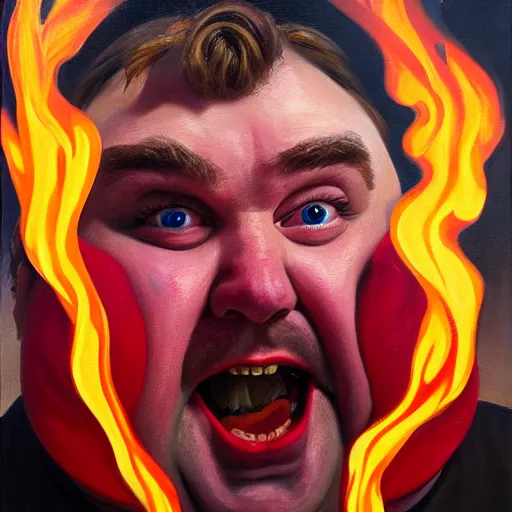 Image similar to portrait of john candy crying in the metaverse, fire and pain, oil on canvas by william sydney mount, trending on artstation