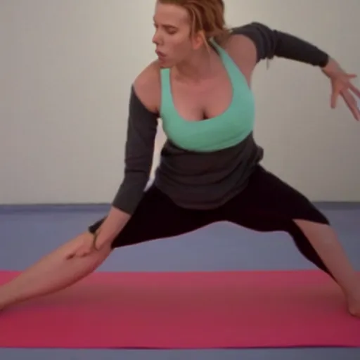 Image similar to cinematographic shot of scarlett johansson doing yoga with an angry face